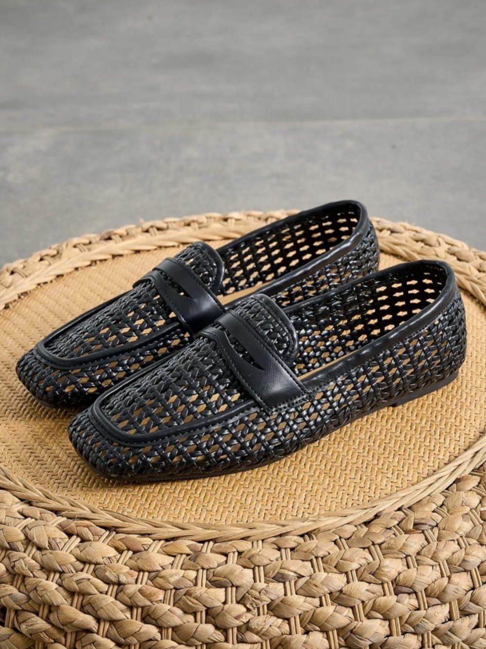 Womans square toe Black Woven Slip-On Loafers